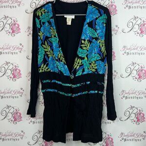 Orchid button up Vneck top Elegant Black and Blue Leaf Print Women's Blouse